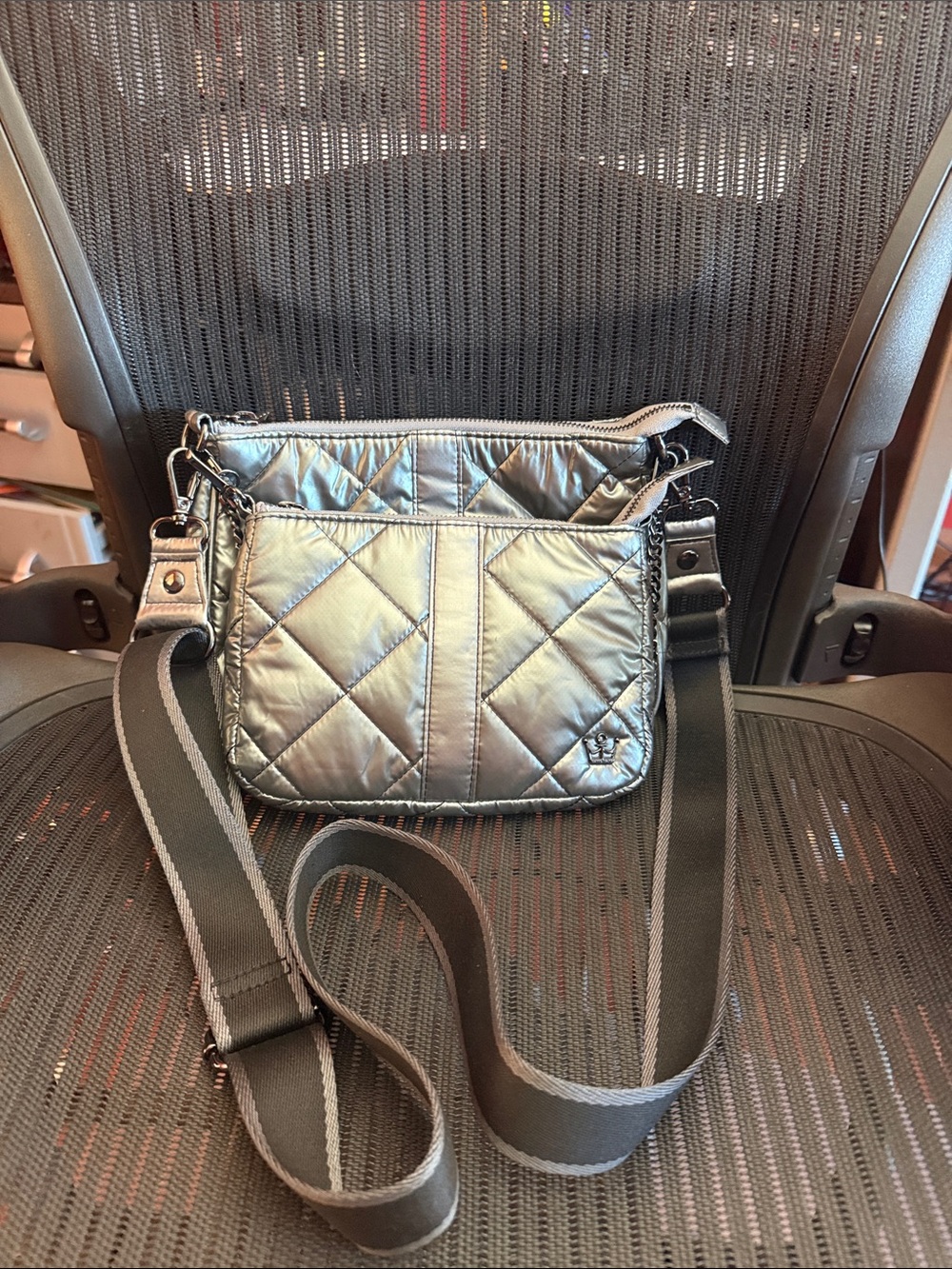 ⁠OLIVER THOMAS 2 in 1 Quilted Metallic Pewter Crossbody Pouch Chain Set